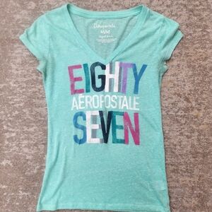 Y2K 2000s Aero Aeropostale Short Sleeve V Neck‎ Teal Blue Colorful T-Shirt, Sz M